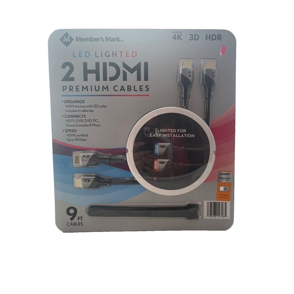 Member's Mark 9FT LED Lighted HDMI Premium Cables, 2 Pack - FREE SHIPPING
